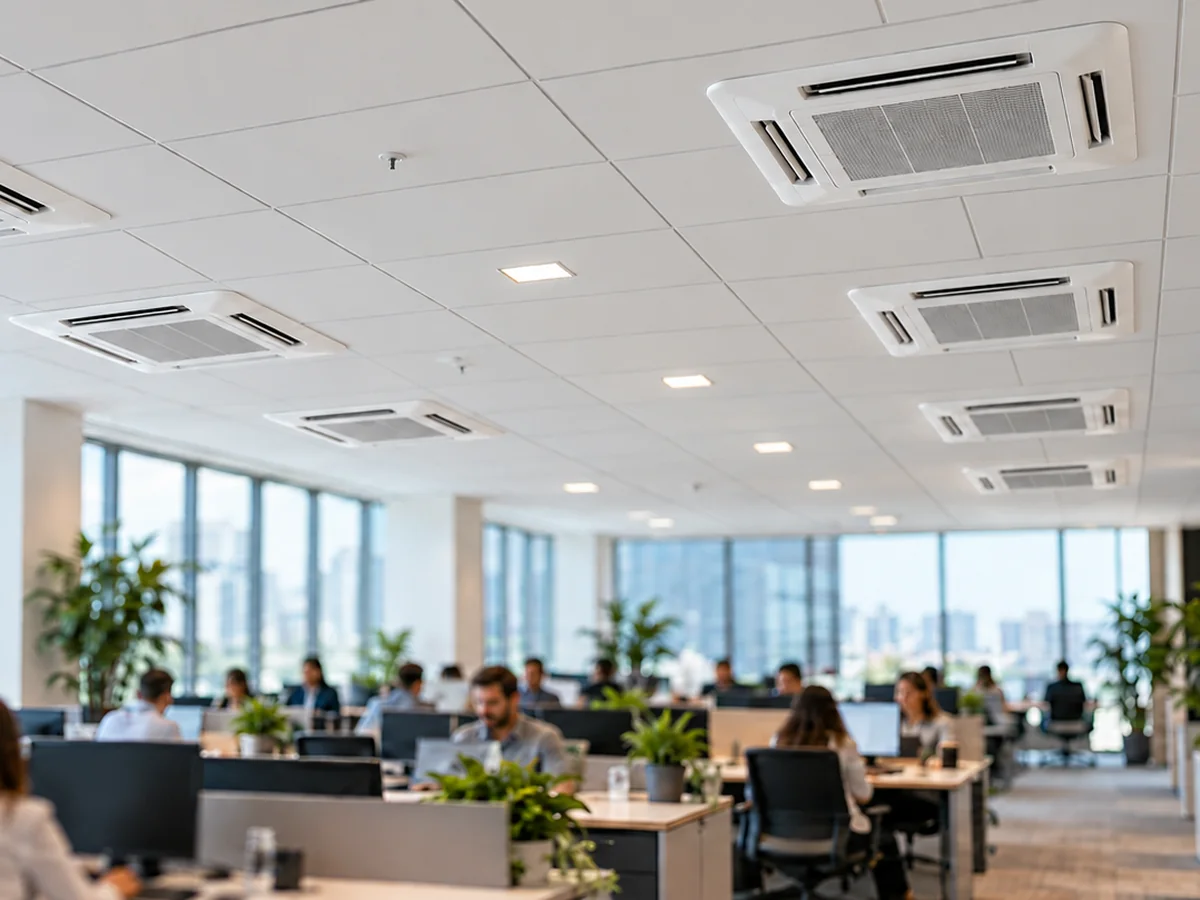 Escritório corporativo climatizado com ar-condicionado cassete no forro