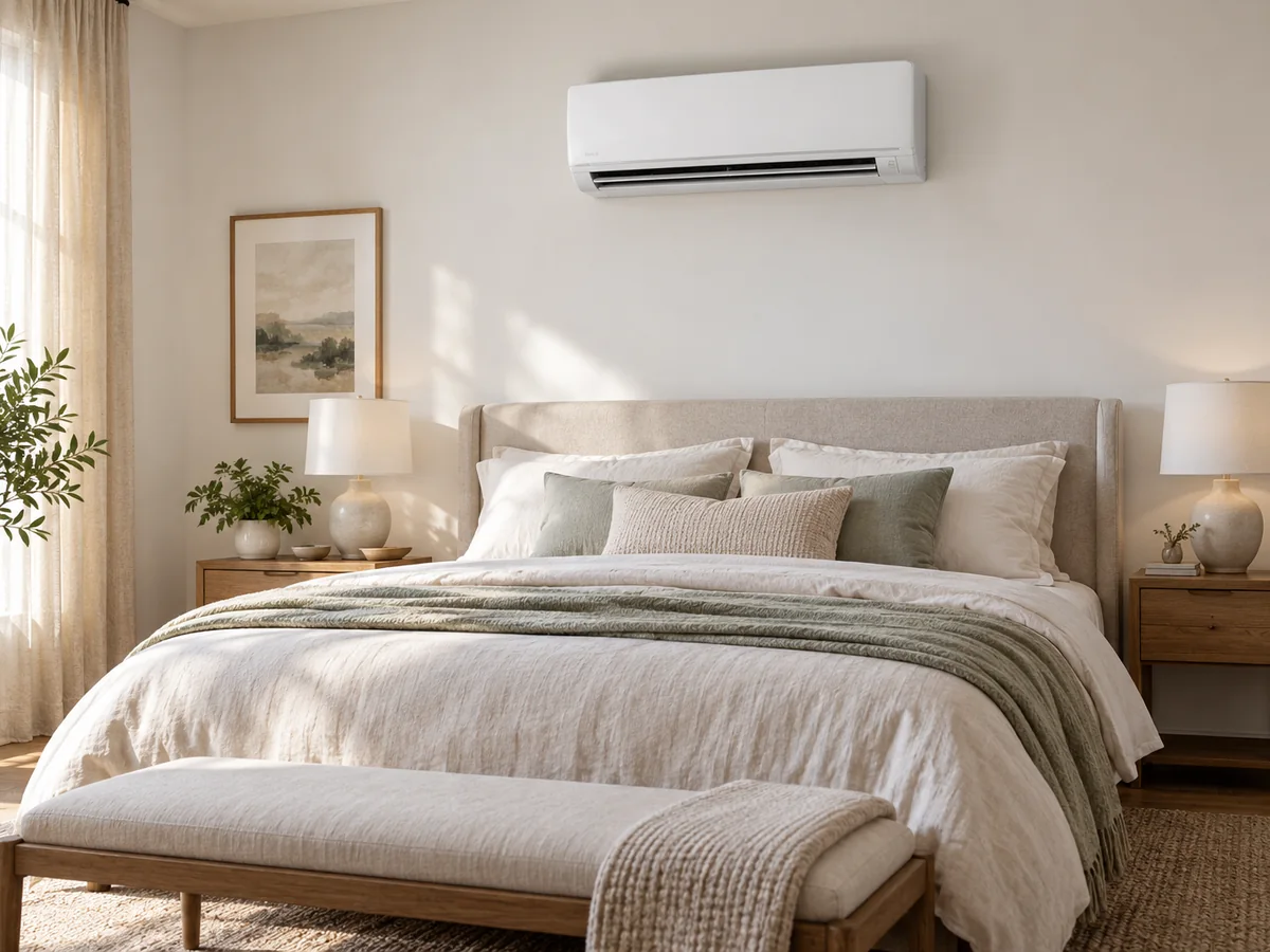 Ar-condicionado split instalado acima da cama em quarto residencial