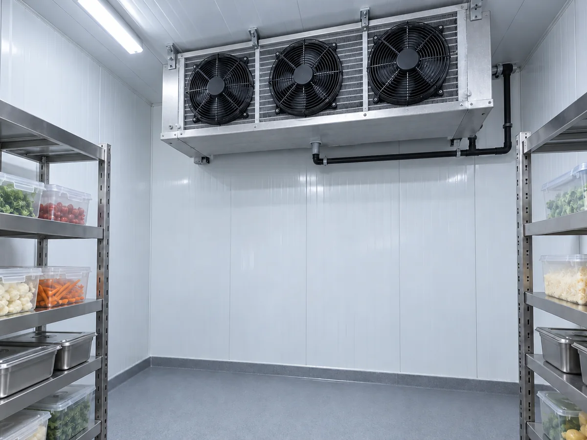 Evaporador com três ventiladores instalado no teto de uma câmara fria com prateleiras de inox