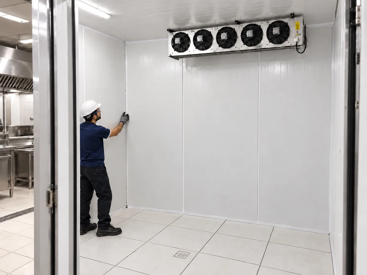 Técnico conferindo a junção dos painéis isolantes de uma câmara fria recém-montada em cozinha industrial
