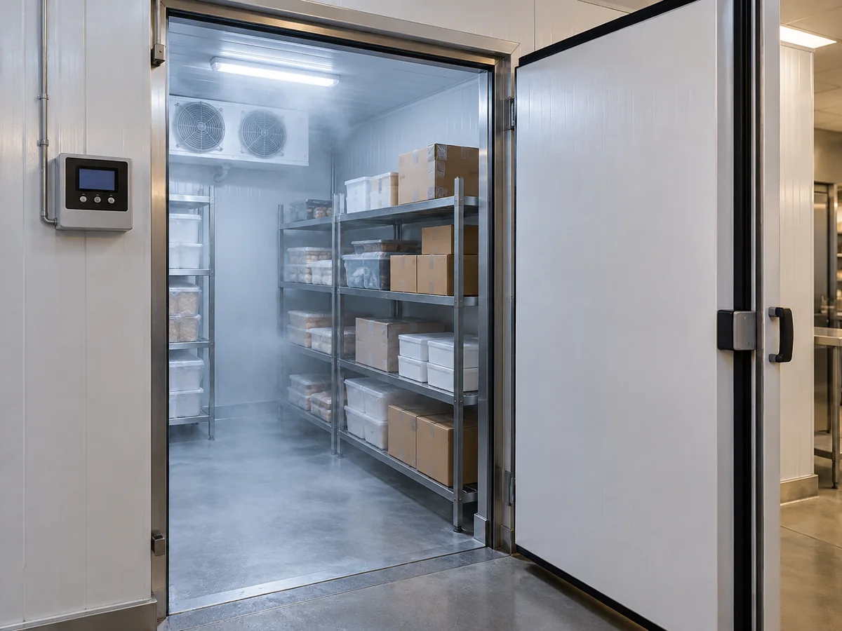 Câmara fria com porta aberta, prateleiras de inox e controlador de temperatura