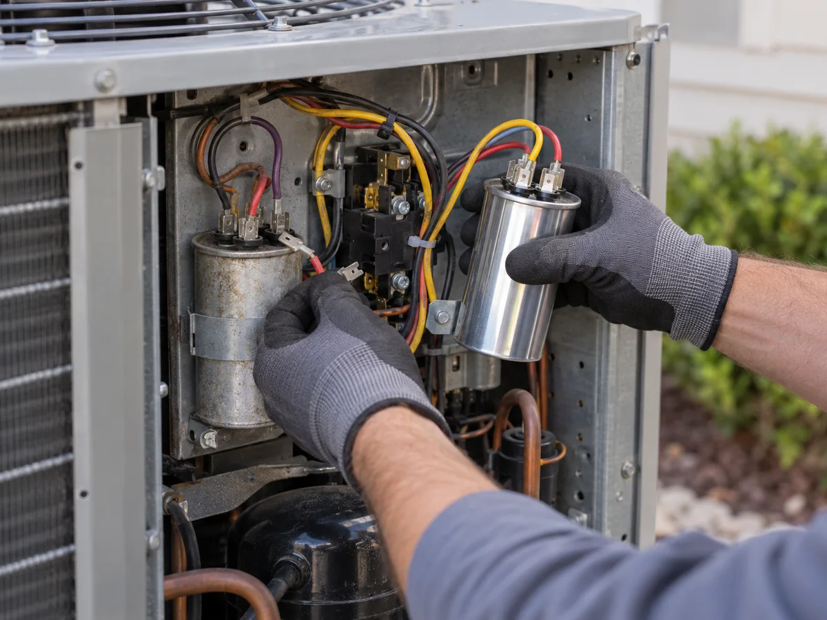 Técnico substituindo o capacitor desgastado de uma condensadora por uma peça nova