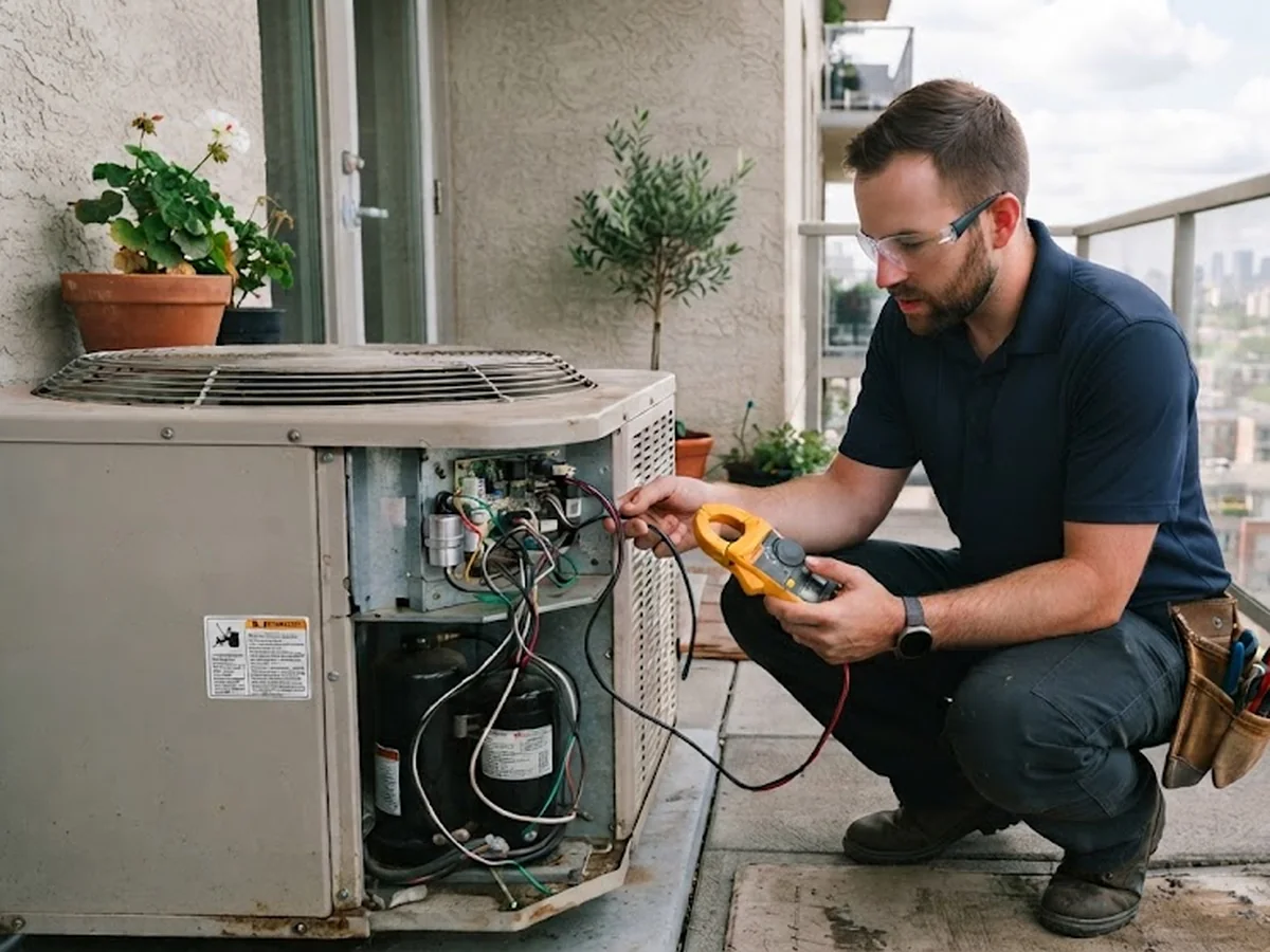 Técnico diagnosticando defeito na condensadora com alicate amperímetro, na varanda de um apartamento