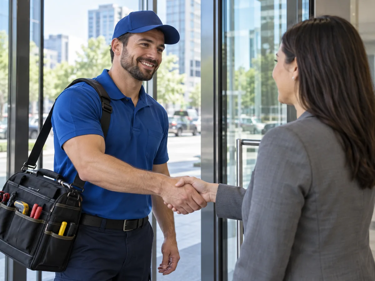 Técnico da Refrigeração Schmökel com a bolsa de ferramentas cumprimentando a cliente na entrada de um edifício comercial