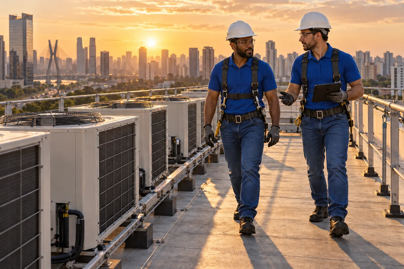 Técnicos da Refrigeração Schmökel com equipamento de segurança na cobertura de um edifício, ao lado das condensadoras, com São Paulo ao pôr do sol