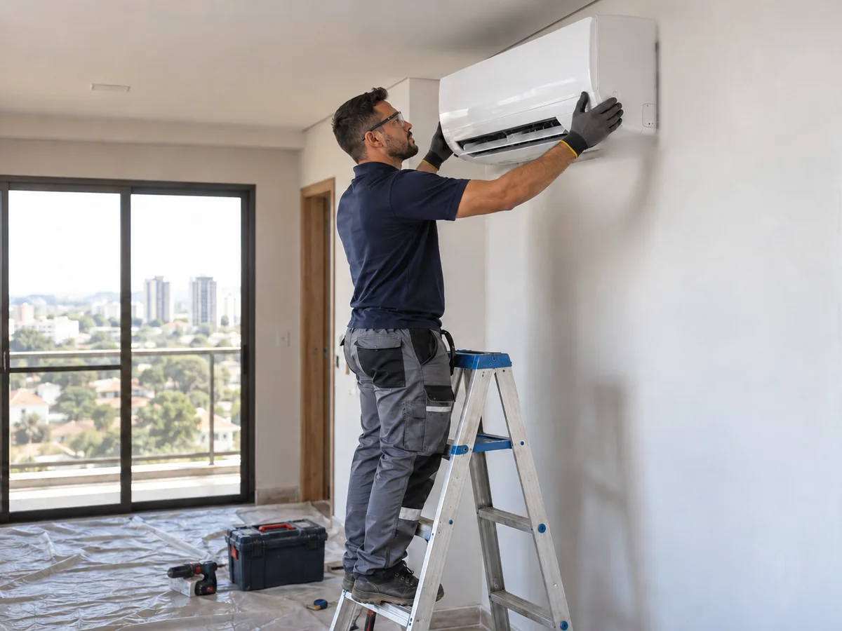Técnico instalando a evaporadora de um ar-condicionado split em apartamento