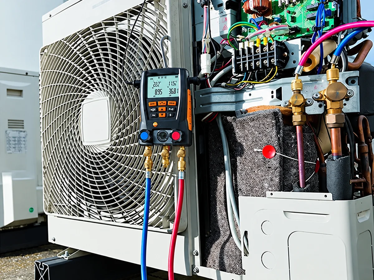 Manifold digital conectado às válvulas de serviço da condensadora para medir pressão e temperatura do gás