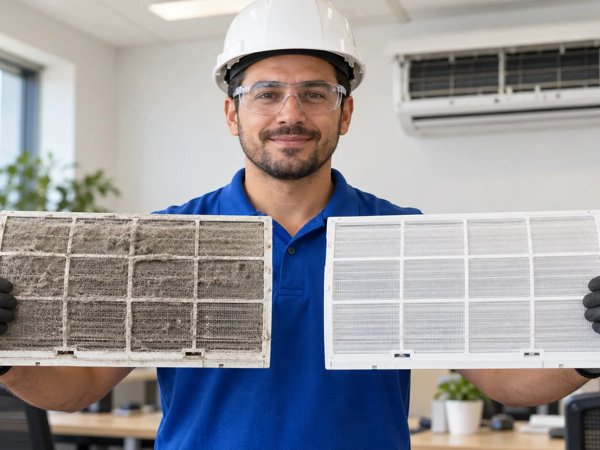 Técnico mostrando um filtro de ar-condicionado sujo ao lado de um filtro limpo