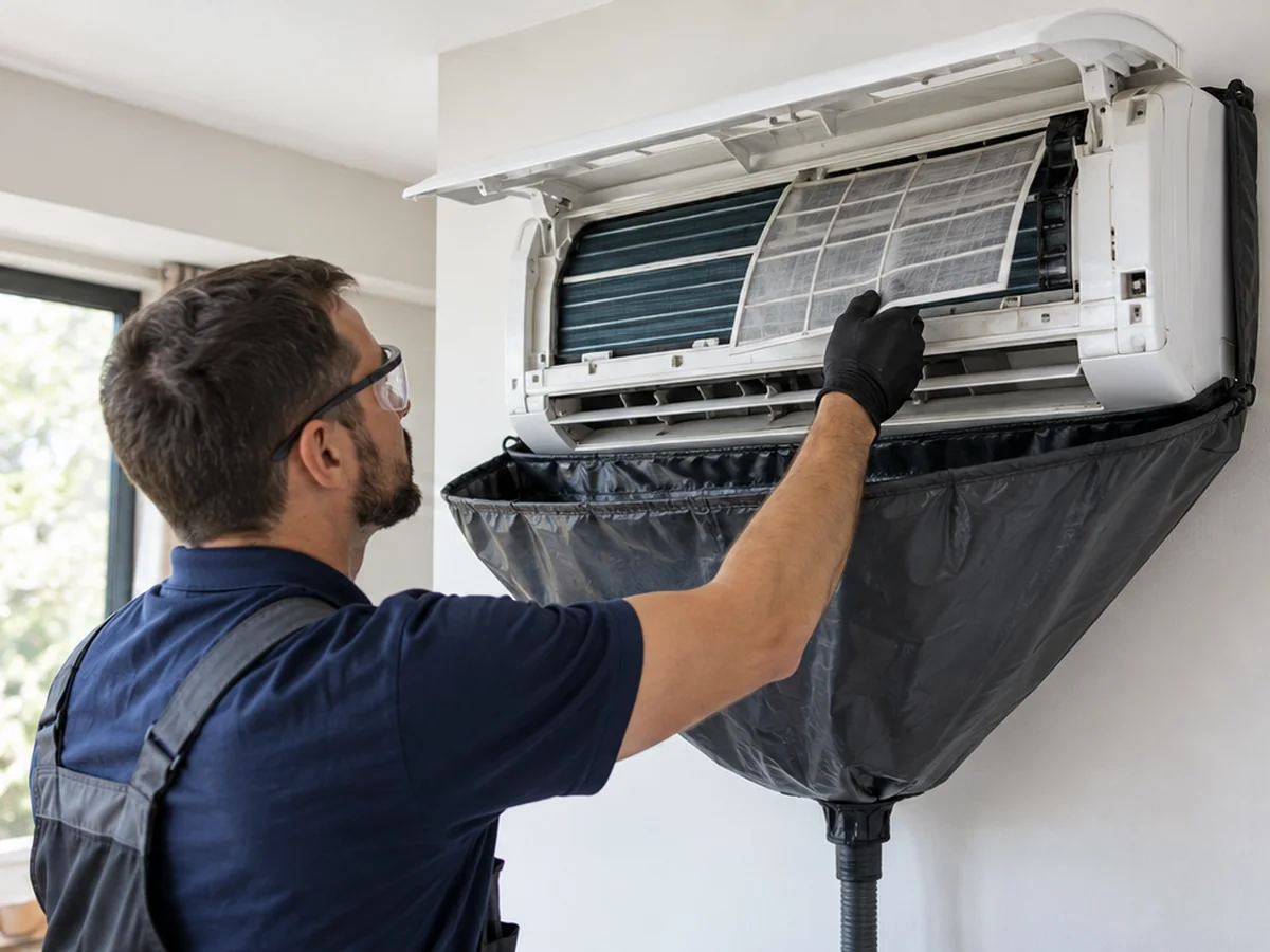 Técnico retirando o filtro do ar-condicionado split durante a manutenção preventiva