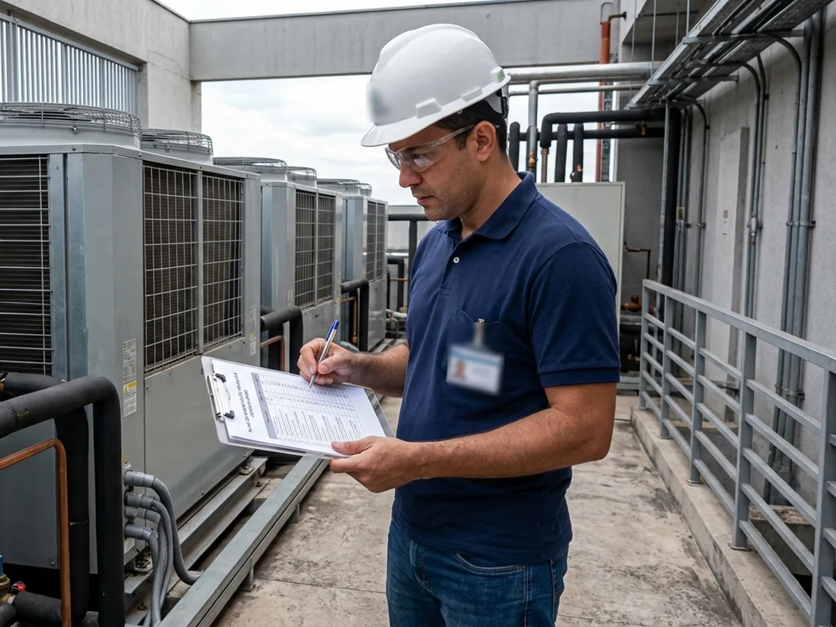 Engenheiro conferindo o checklist do PMOC junto às condensadoras na cobertura de um edifício