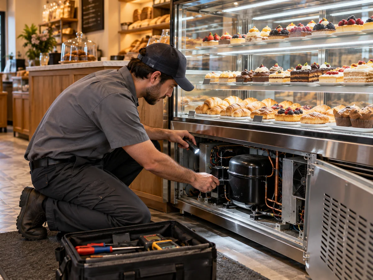 Técnico inspecionando o compressor de uma vitrine refrigerada de confeitaria