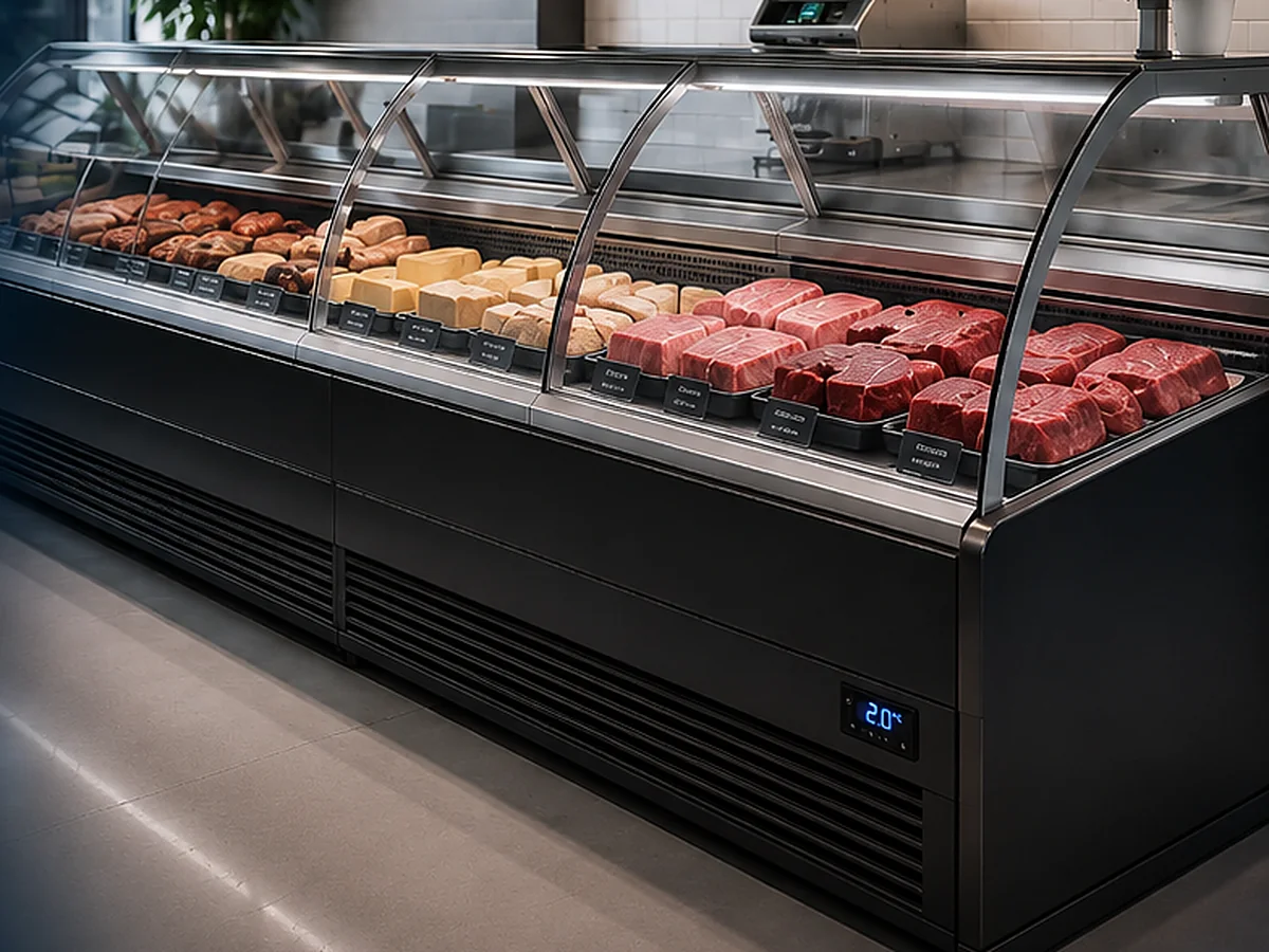 Balcão refrigerado de açougue com carnes e frios expostos