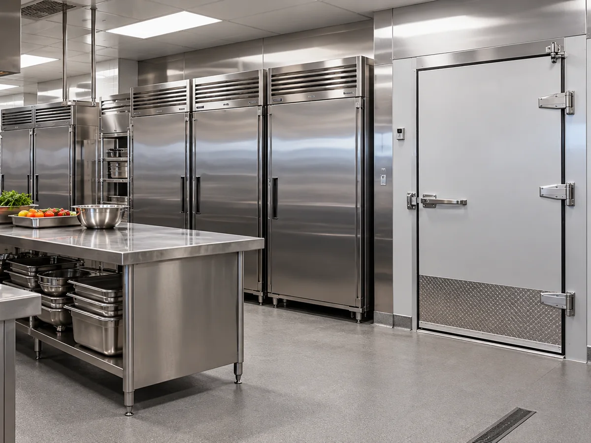 Cozinha industrial de restaurante com refrigeradores de inox e porta de câmara fria