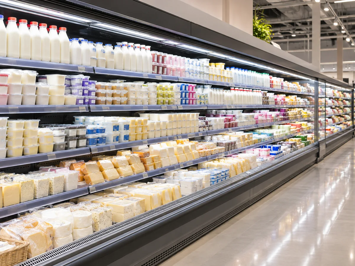 Corredor de supermercado com expositores refrigerados de laticínios