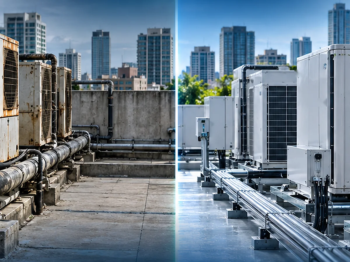 Antes e depois de um retrofit: condensadoras antigas e enferrujadas substituídas por sistema VRF novo na cobertura