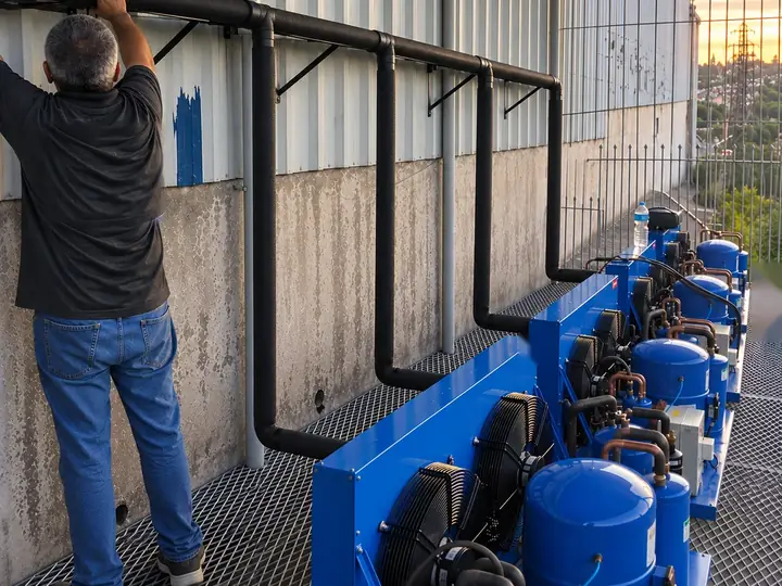 Técnico da Refrigeração Schmökel fixando a tubulação isolada acima de uma linha de unidades condensadoras na cobertura