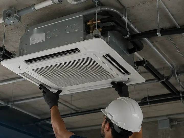 Técnico instalando ar-condicionado cassete em teto de concreto com tubulação aparente