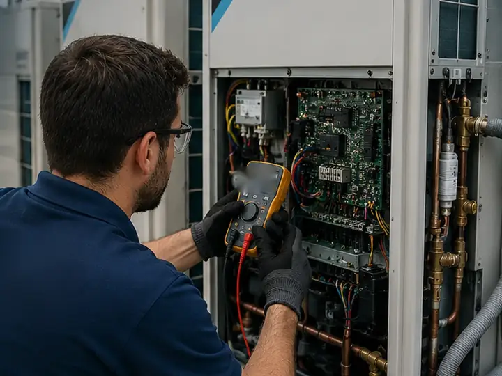 Técnico medindo com multímetro a placa eletrônica de uma condensadora VRV