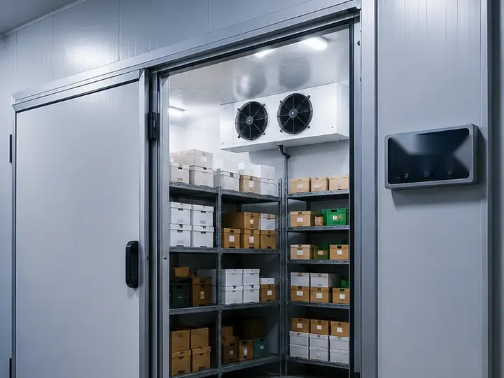 Câmara fria com porta de correr aberta, evaporador e prateleiras com caixas