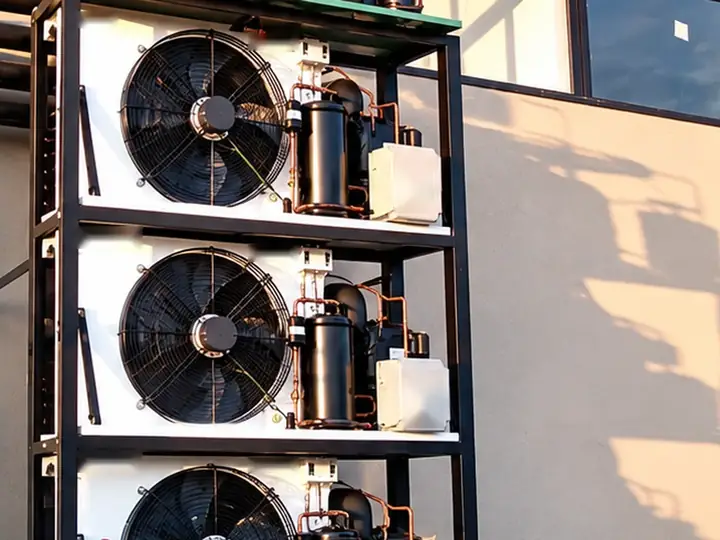 Unidades condensadoras montadas em rack metálico junto à fachada de um prédio comercial