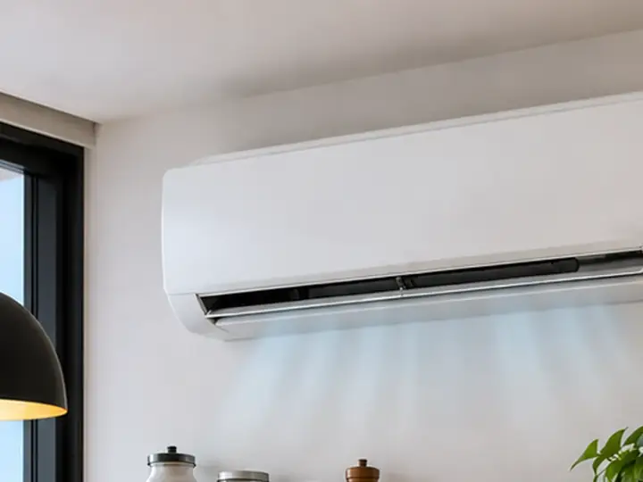 Ar-condicionado split instalado na parede de uma cozinha residencial