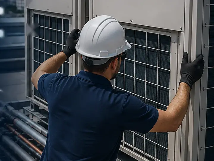 Técnico com capacete posicionando o painel de uma condensadora VRV na cobertura
