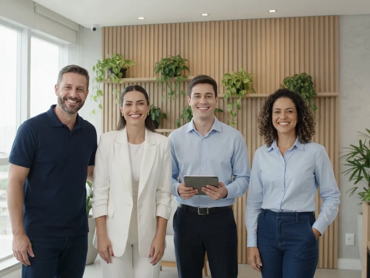 Equipe sorrindo em um escritório claro, com painel de madeira, plantas e janelas amplas